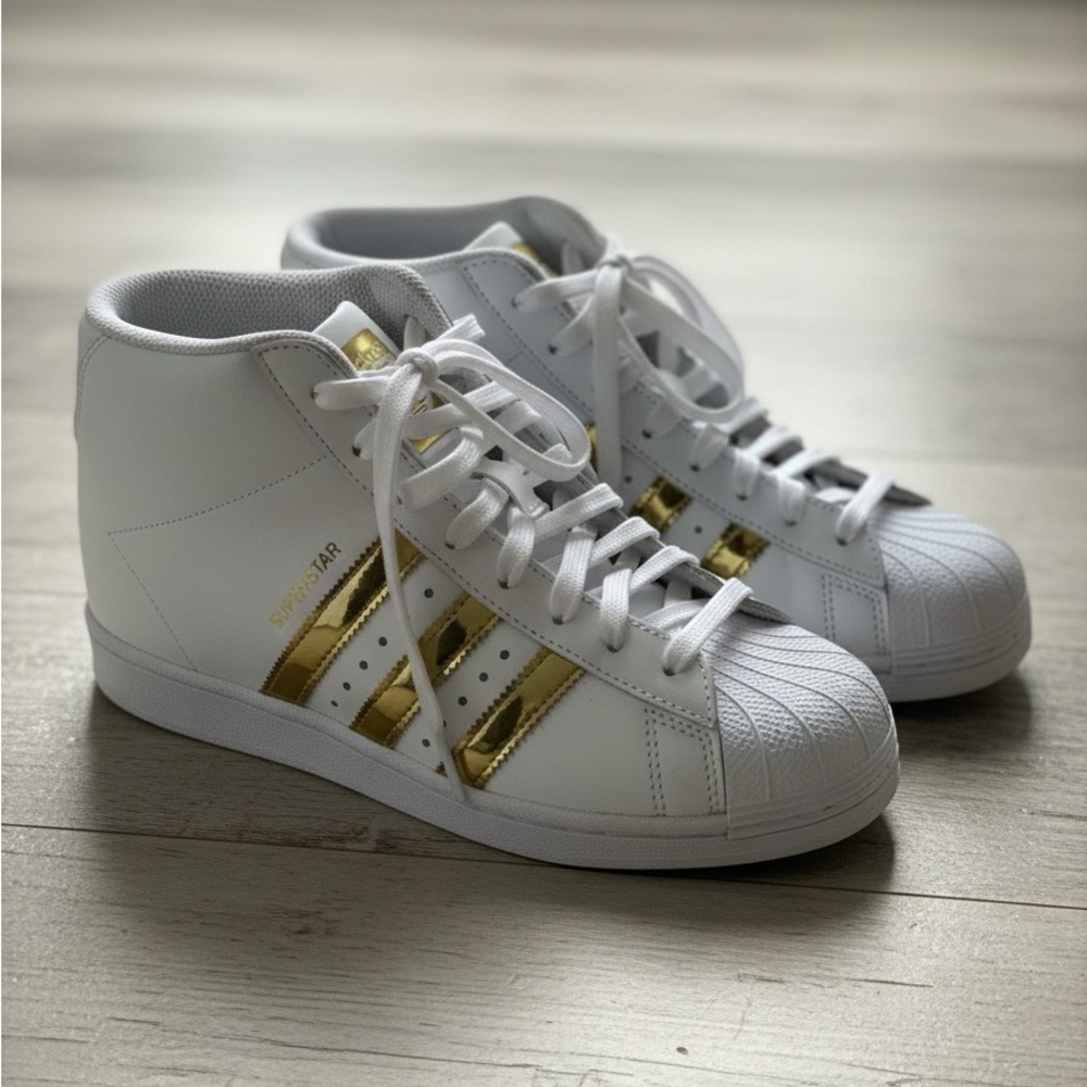 Adidas Superstar White and Gold Sneakers